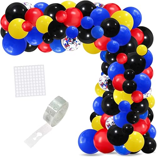 Kit de guirnalda de globos rojo amarillo azul negro  122 piezas de suministros de fiesta de cumpleaños de superhéroe Spider Man rojo azul negro