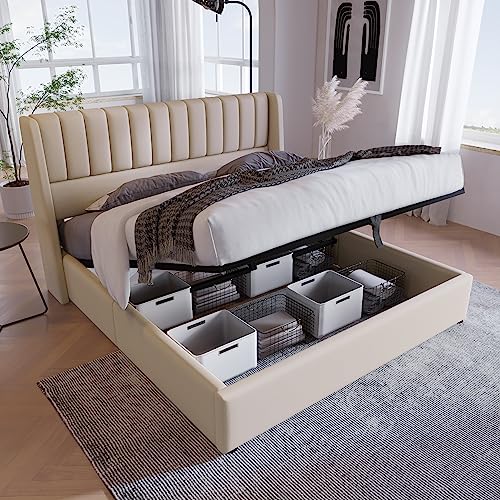 Kehun Polsterbett Doppelbett 180x200 cm mit Holz Lattenrost aus Metallrahme, Hydraulisch Bett mit Kopfteil, Moderner Stauraumbett Bettrahmen mit Groß Stauraum, Leinen, Beige, ohne Matratze – Bild 5