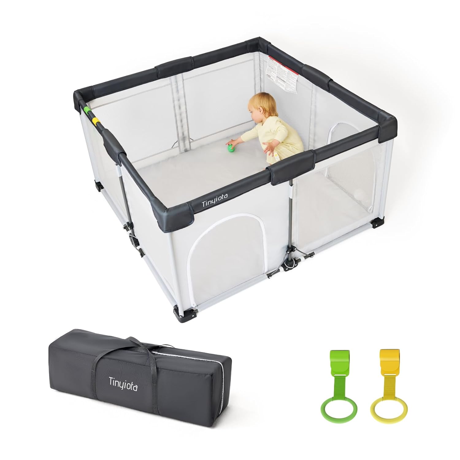Tinyiota Foldable Baby Playpen, 50x50 Inch Portable Play Yard for Babies and Toddlers with Soft Breathable Mesh, Storage Bag & 2 Pull-Toy Handles for Indoor & Outdoor (Grey, 50x50)