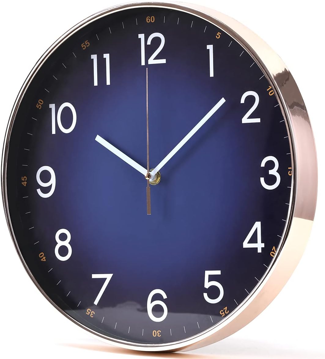 Wall Clock 12'' Modern Rosegold Wall Clock Navy Blue Wall Clock,Quality Silent Quartz Wall Clock （Battery Operated）,Decor for Home Living Room Bedroom Kitchen School