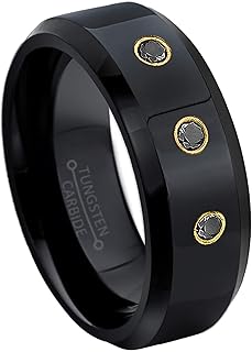 Jewelry Avalanche 0.21ctw Black Diamond 3-Stone Tungsten Ring - 8MM Comfort Fit Polished Black Ion Stepped Edge Tungsten Carbide Wedding Band