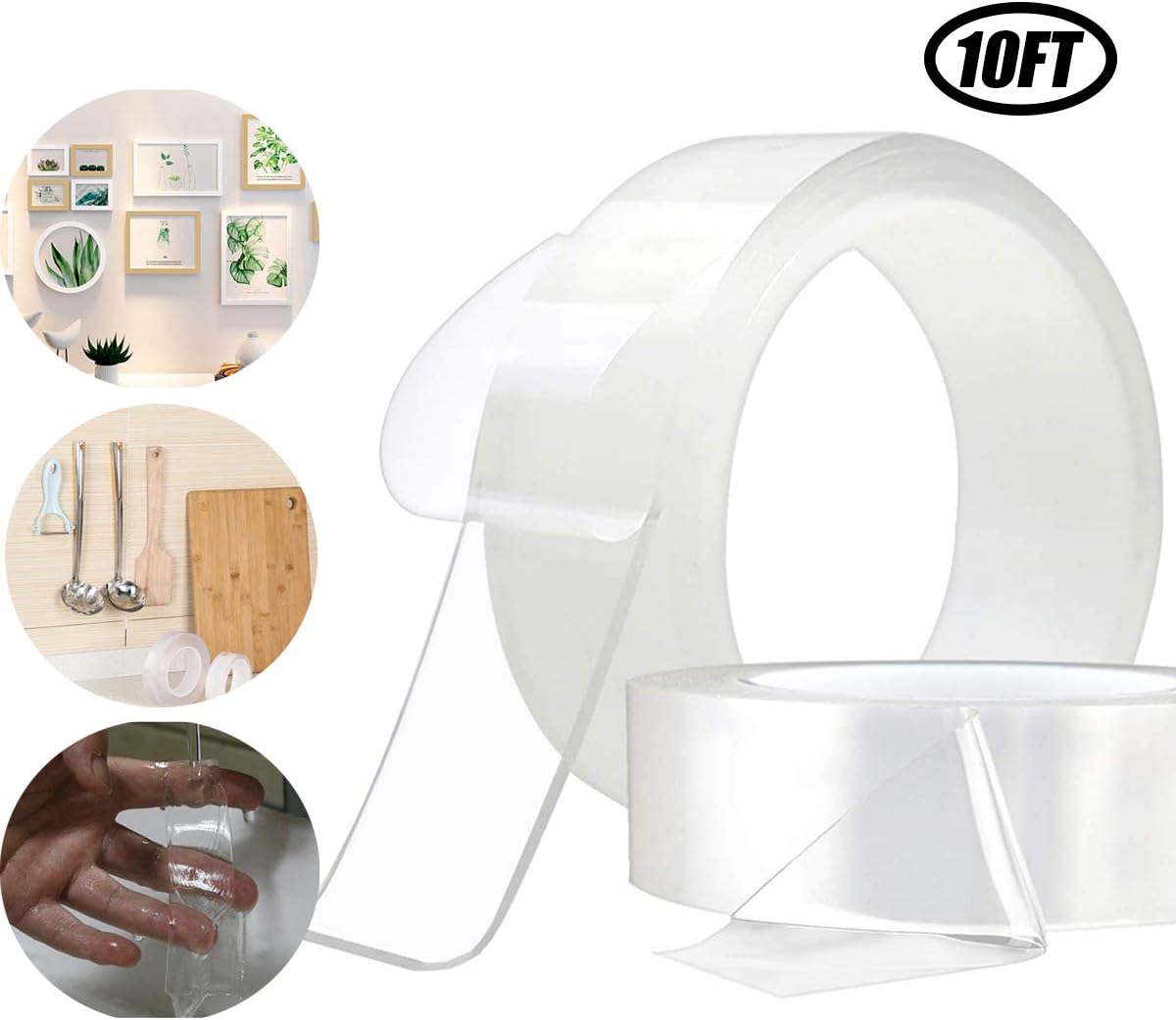 Double Sided Adhesive Tape, Transparent Strong Adhesive Traceless Removable Washable and Reusable Anti Slip Tape for Home, Wall, Room, Paste photos and posters, fix carpet mats, Paste items etc (10Ft)
