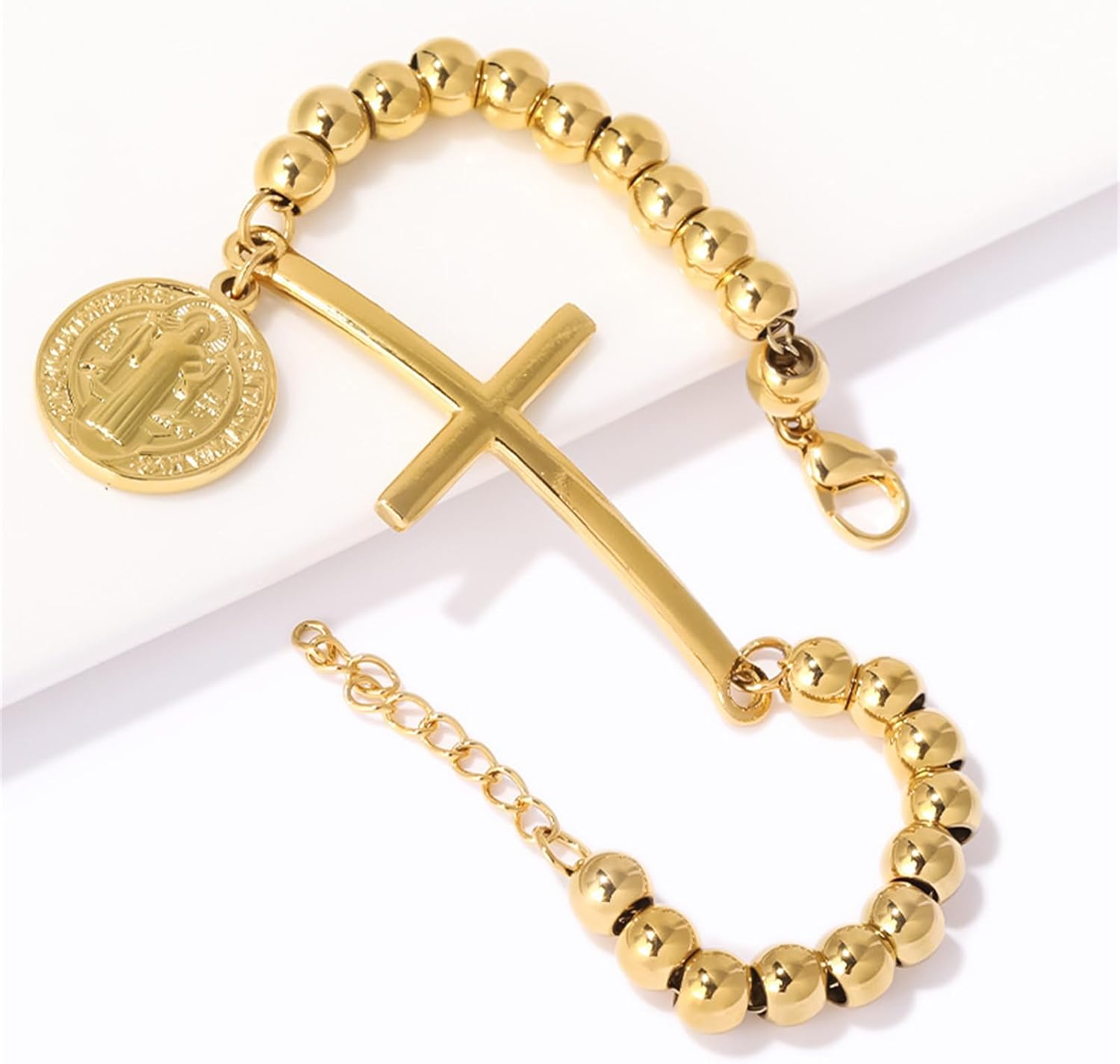 Inspirational Gift Bead Benedict Oval Plate Crucifix Handchain for Blessings Protections and Daily Wear Benedict Oval Plate Crucifix