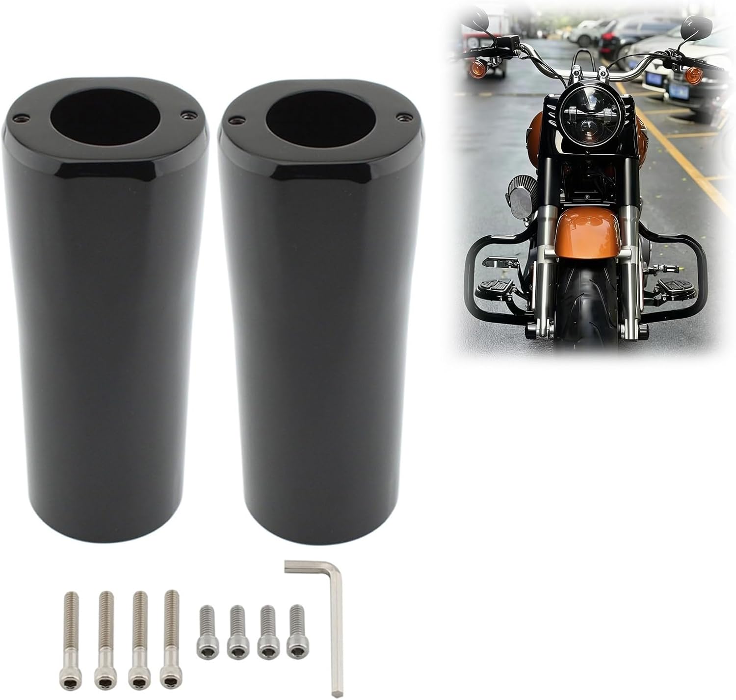 8.3" 211mm Black Fork Slider Tube Covers Front Upper Fork Cover Cowbells Compatible with 1986-2017 Harley Touring Softail Deluxe Fat Boy Heritage