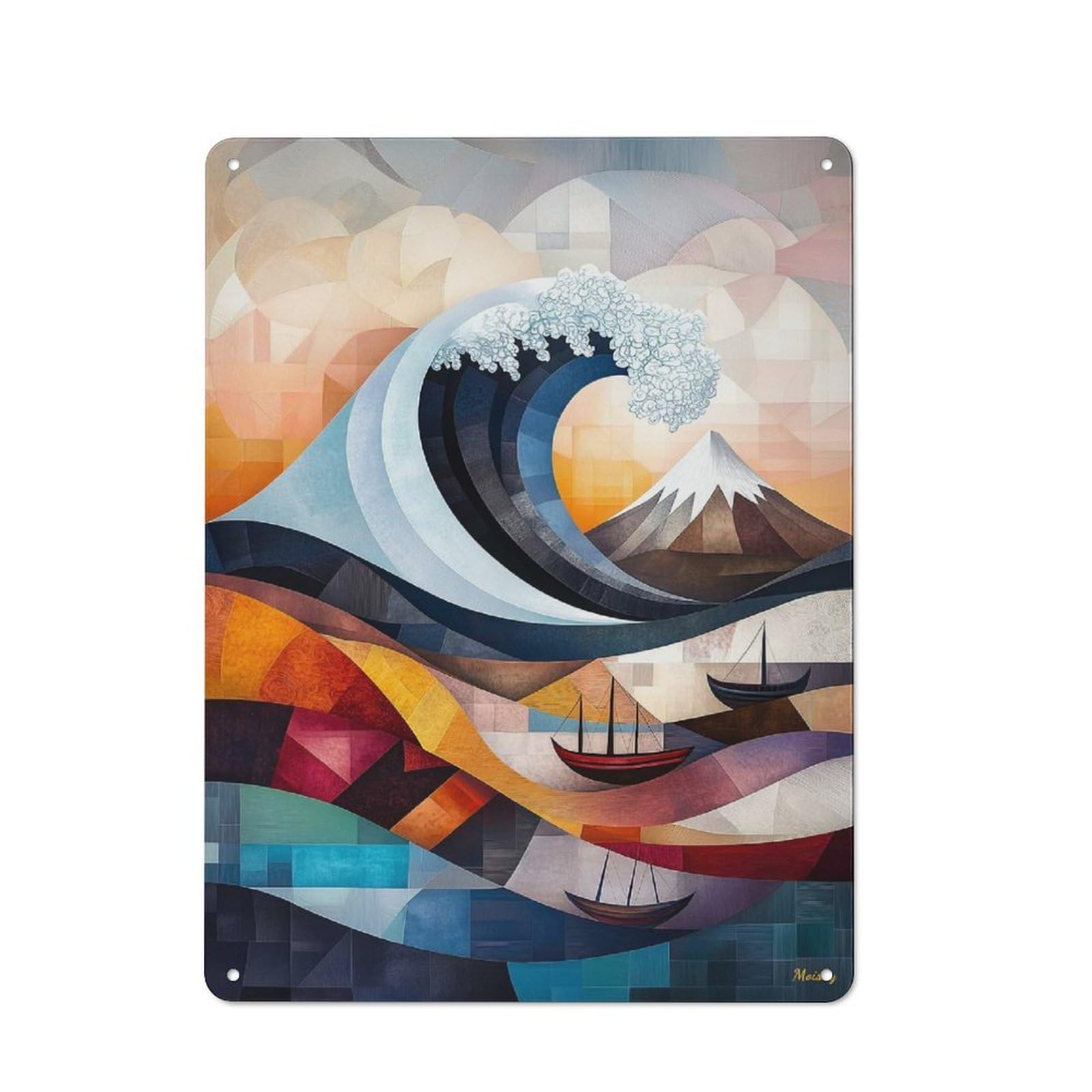 Junmoney Modern Cubist Vision Of The Great Wave Of Kan Agawa Vintage Metal Wall Sign 40X30cm For Hobby Room Or Studio, For Hobby Room Decor Fans