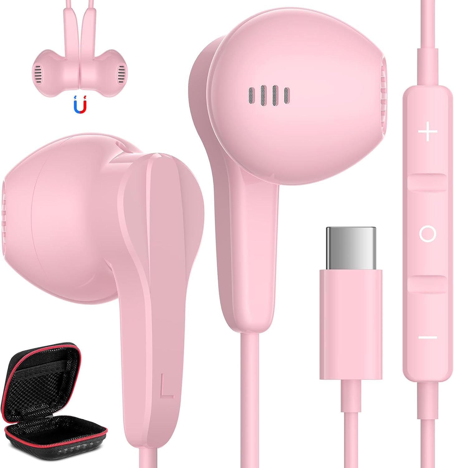USB C Headphones for Samsung S24 Ultra A35 S23 Fe S22+, Type C Earphones with Mic HiFi Stereo Volume Control Magnetic Wired Earbud for iPhone 15 Pro Max Plus Galaxy Flip Fold 5 Pixel 8 7 Pro, Pink
