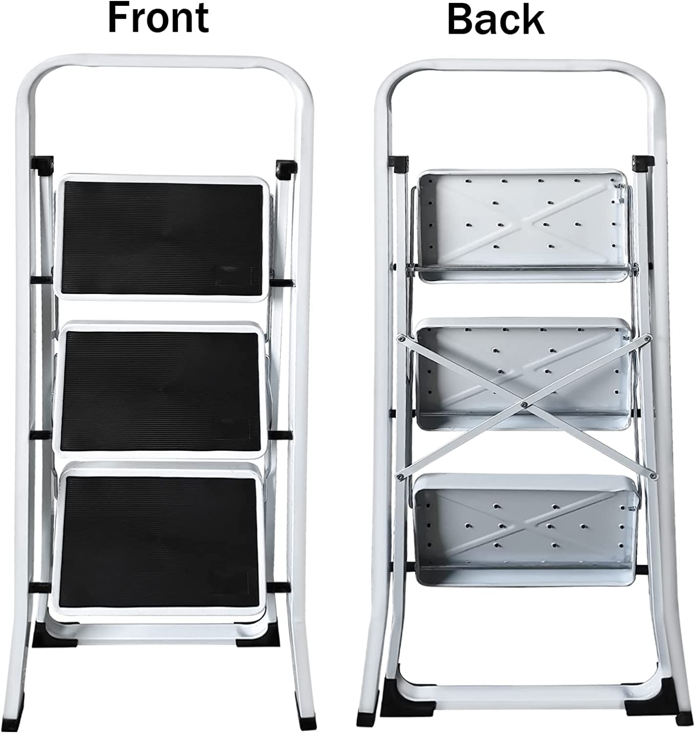 Escalera de 3 niveles, 3 niveles, capacidad de carga de hasta 150 kg, portátil, plegable, de acero, con plataforma antideslizante, para casa, cocina, oficina, bricolaje, taburete de seguridad