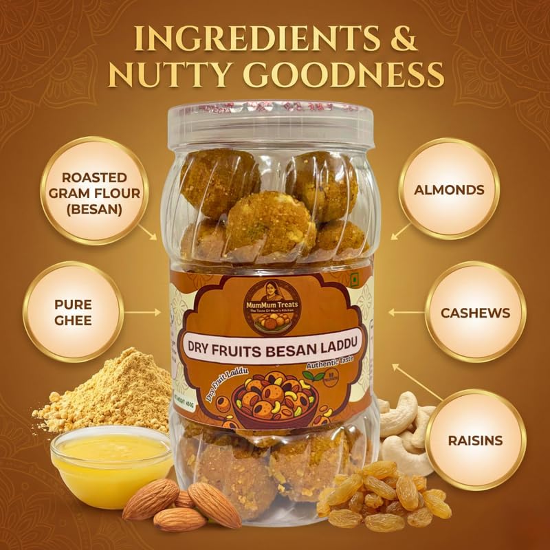 Image of MumMum Treats Dry Fruits Laddu 450g | Premium Ghee Mithai | Loaded with Cashew Almonds Pistachios & Raisins