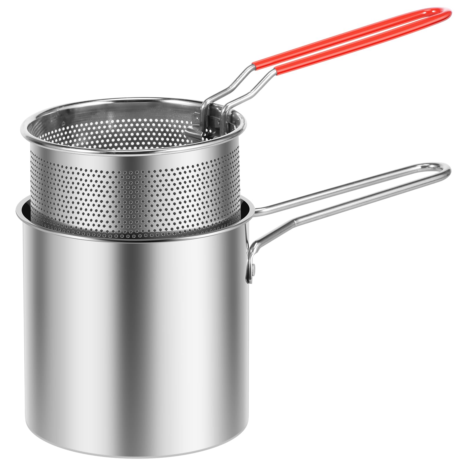 Deep Fryer Pot 304 Stainless Steel Deep Fryer with Strainer Basket and Riveted Handle Mini Deep Oil Fryer Multifunctional Outdoor Cooking Fryer for Kitchen Dining Room Camping Picnic(A)