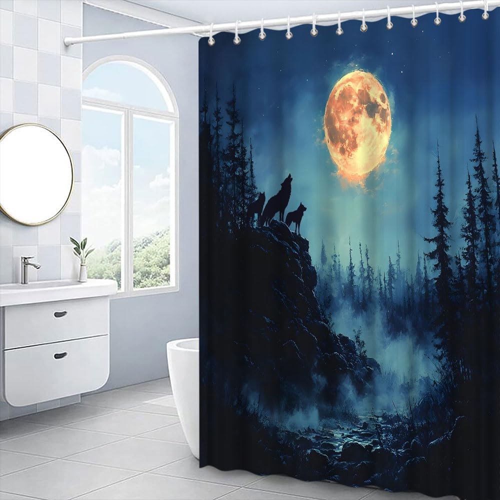 Wolf Shower Curtain Misty Forest Wild Animal Howling Wolves Night Full Moon Tree Silhouette Mystery Safari Hunting Theme Bathroom Home Decor Bath Decor Polyester Fabric Curtains 90X70 Inch
