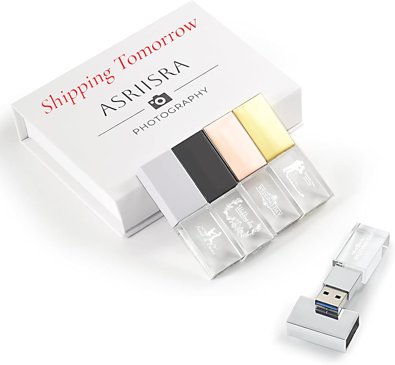 5Pack Custom Your Wedding Crystal USB 3.0 Flash Drive for Storing Photo/Video, 16GB High-Speed Pendrive with Colourful LED Light Used in Photography/Wedding Day- Printing Personalized Words or Logo