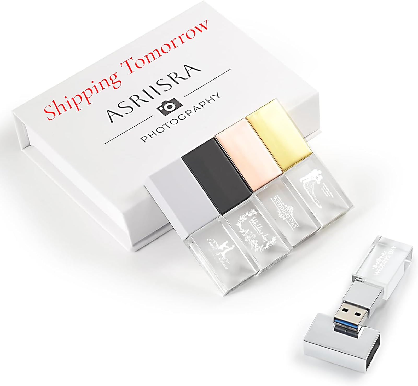 Custom Your Wedding Crystal USB 3.0 Flash Drive for Storing Photo/Video, 16GB High-Speed Pendrive with Colourful LED Light Used in Photography/Wedding Day- Printing Personalized Words or Logo
