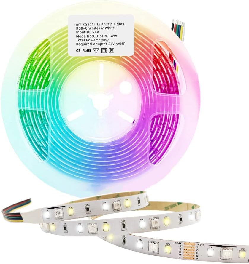 GIDERWEL DC24V RGBWW LED Strip Lights 32.8ft/Roll,Dimmable RGB Cold White Warm White(2700K-6000K) SMD5050 6 Wire Full Color Ambiance Daylight RGBWW Lightstrip Plus,Only 10m RGBCCT LED LightStrip