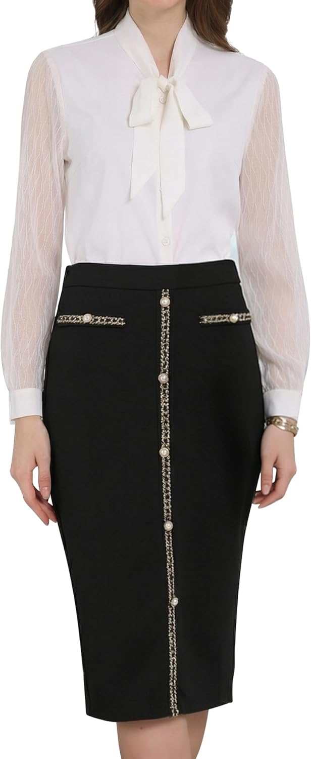 Hobemty Women's Pencil Skirt High Waist Tweed Trim Stretchy Office Work Bodycon Midi Skirts