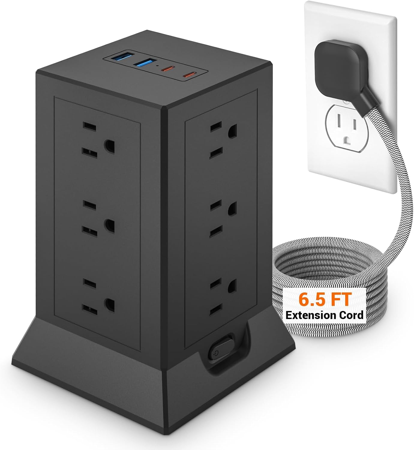 King-Link Surge Protector Power Strip Tower Flat Plug, 6.5 ft Extension Cord with Multiple Outlets, 12 AC Outlets 4 USB Ports (2 USB C) for Home Office Dorm, Black