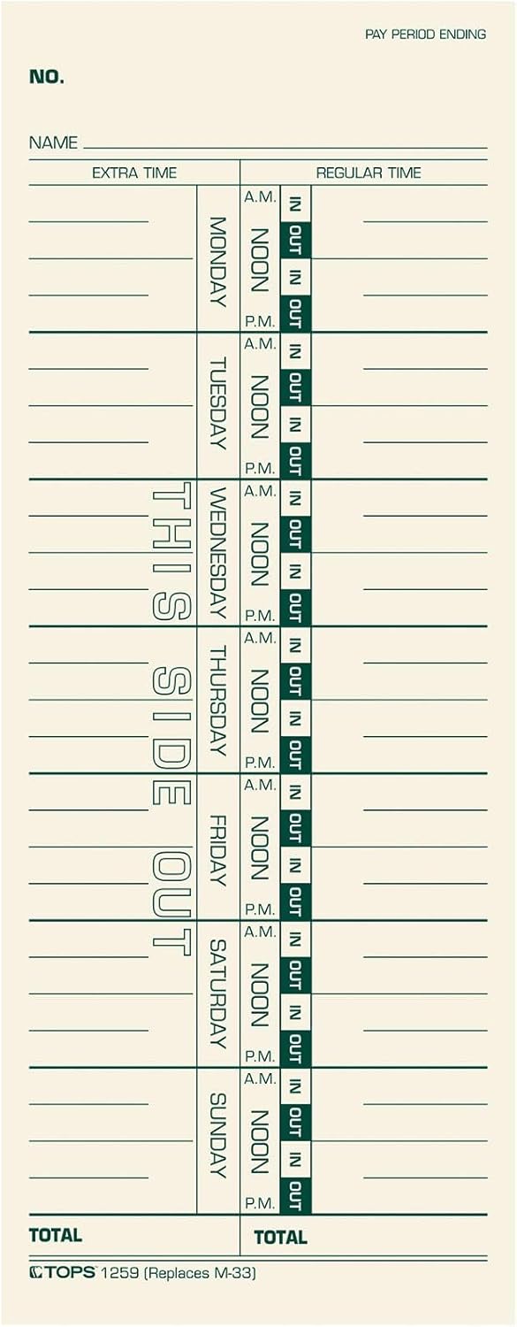 TOPS weekly time cards, 9x3.5, manila, green ink