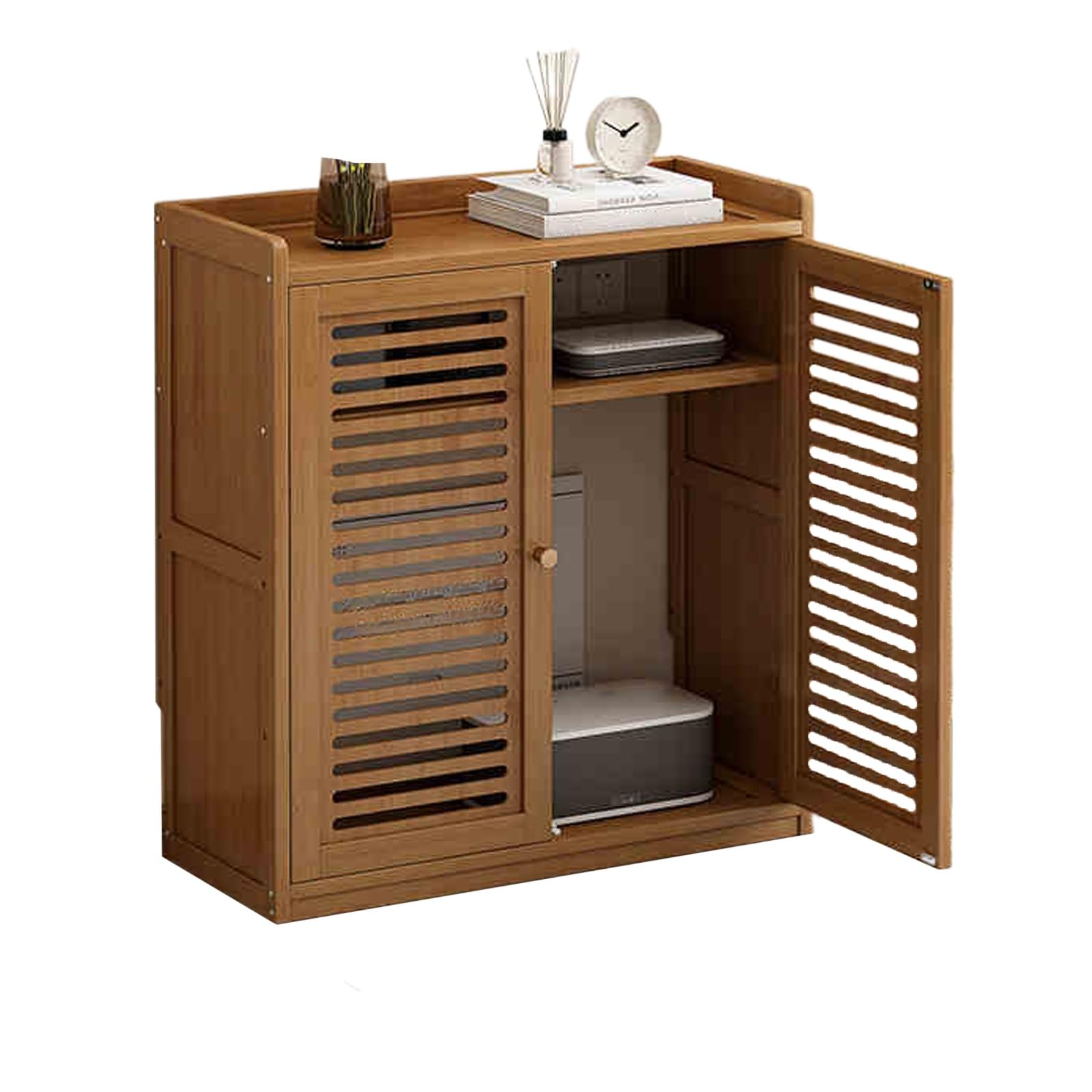 Router Organizer Cabinet Thickened Bamboo Board Hollow And Magnetic Door Design Adjustable Shelves Router Cabinet, Need Assembly for Home Use(Brown,59 * 25 * 67cm)