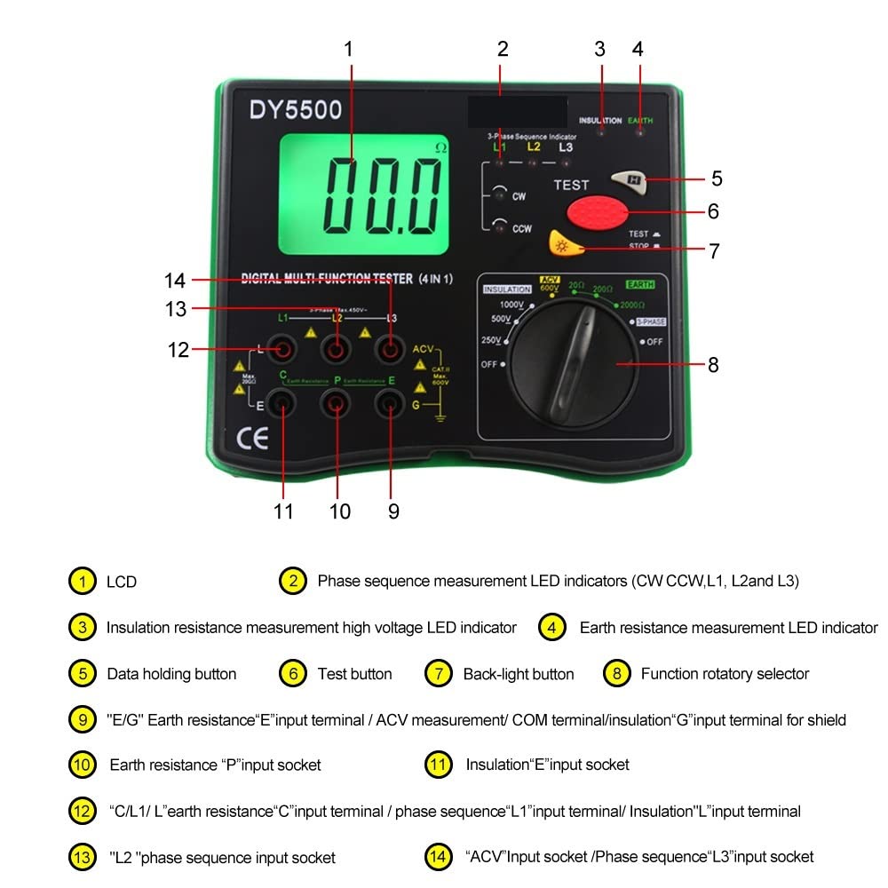 DY5500 4 w 1 cyfrowy wielofunkcyjny tester izolacji i rezystancji uziemienia woltomierz pomiarowy wskaźnik fazy