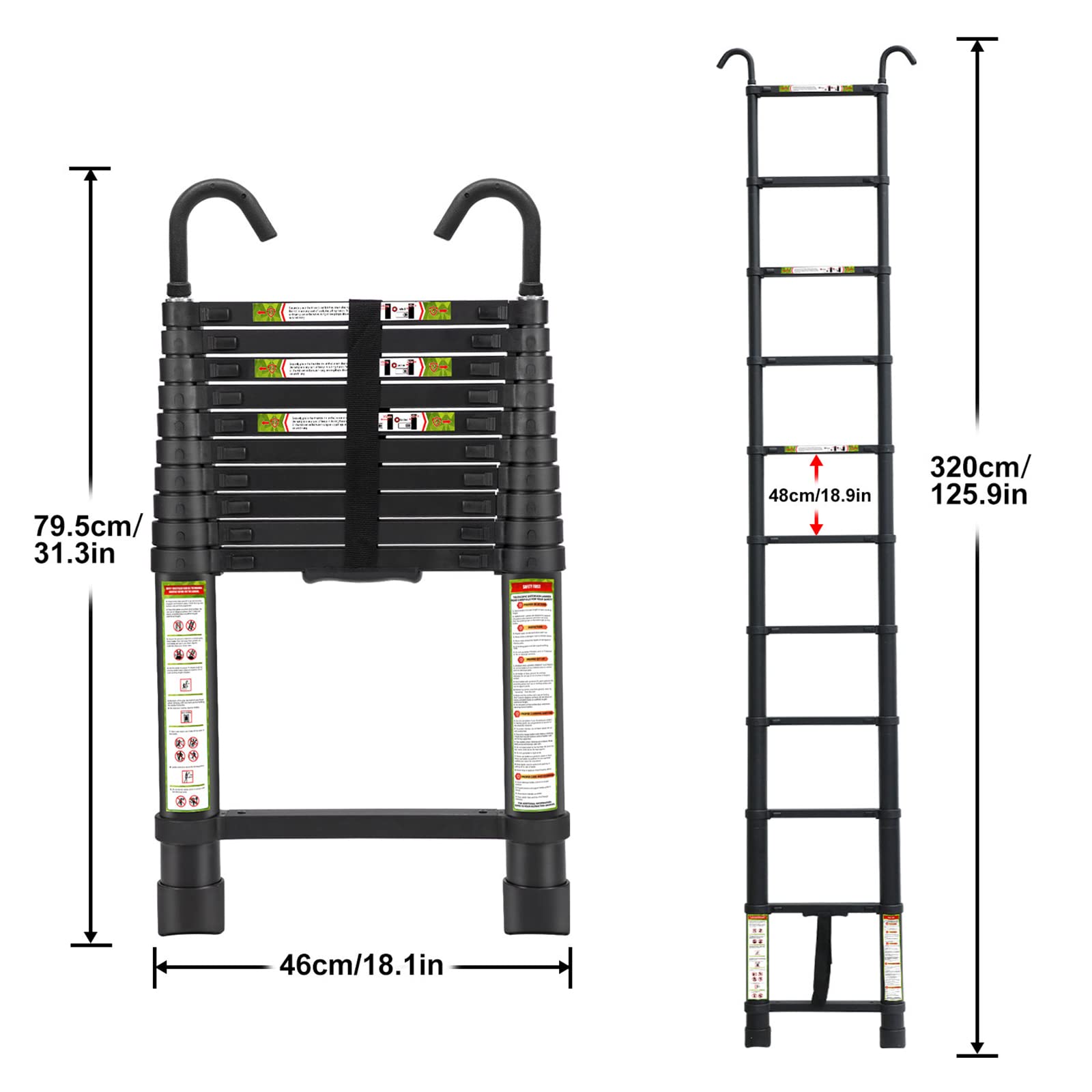 Telescopic Ladder, 10.5FT RIKADE Aluminum Telescoping Ladder with Non-Slip Feet and Stable Hook, Portable Extension Ladder for Household and Outdoor Working, 330lb Capacity
