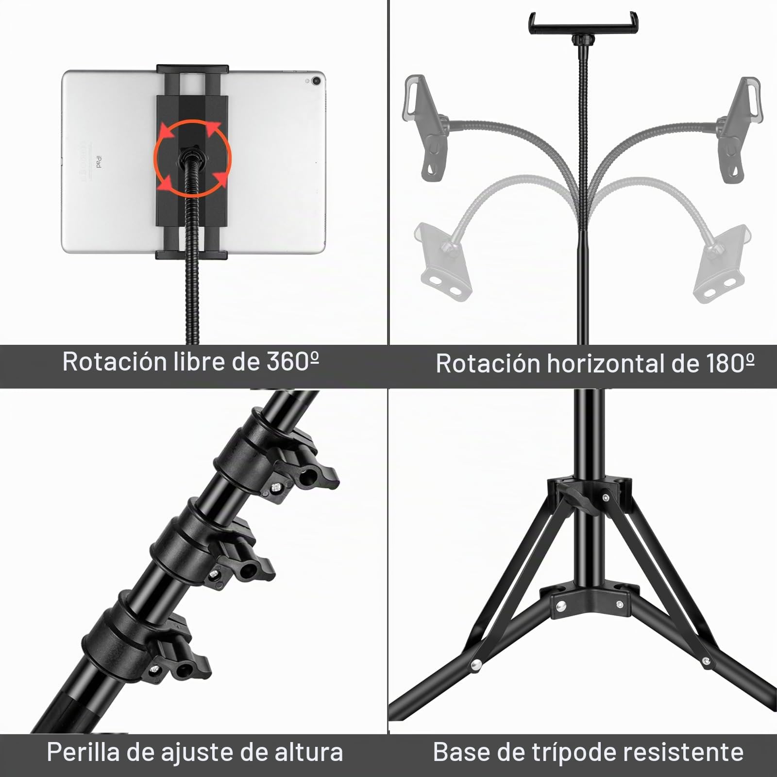 SAMHOUSING Trípode para Tablet de 4,5 a 13 Pulgadas, Altura Ajustable hasta 65 Pulgadas, Soporte para Tablet para iPad Pro 12,9, iPad Air Mini, iPhone, Tablet de 4,5 a 13 Pulgadas