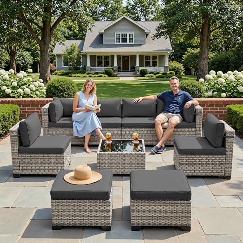 Image of 9-Piece Patio Furniture Set, Outdoor with Ottomans, Modular Patio Sofa, Dual-Strand Wicker Rattan, Rust-Resistant Frame, Backyard Furniture for Garden, Deck, Black