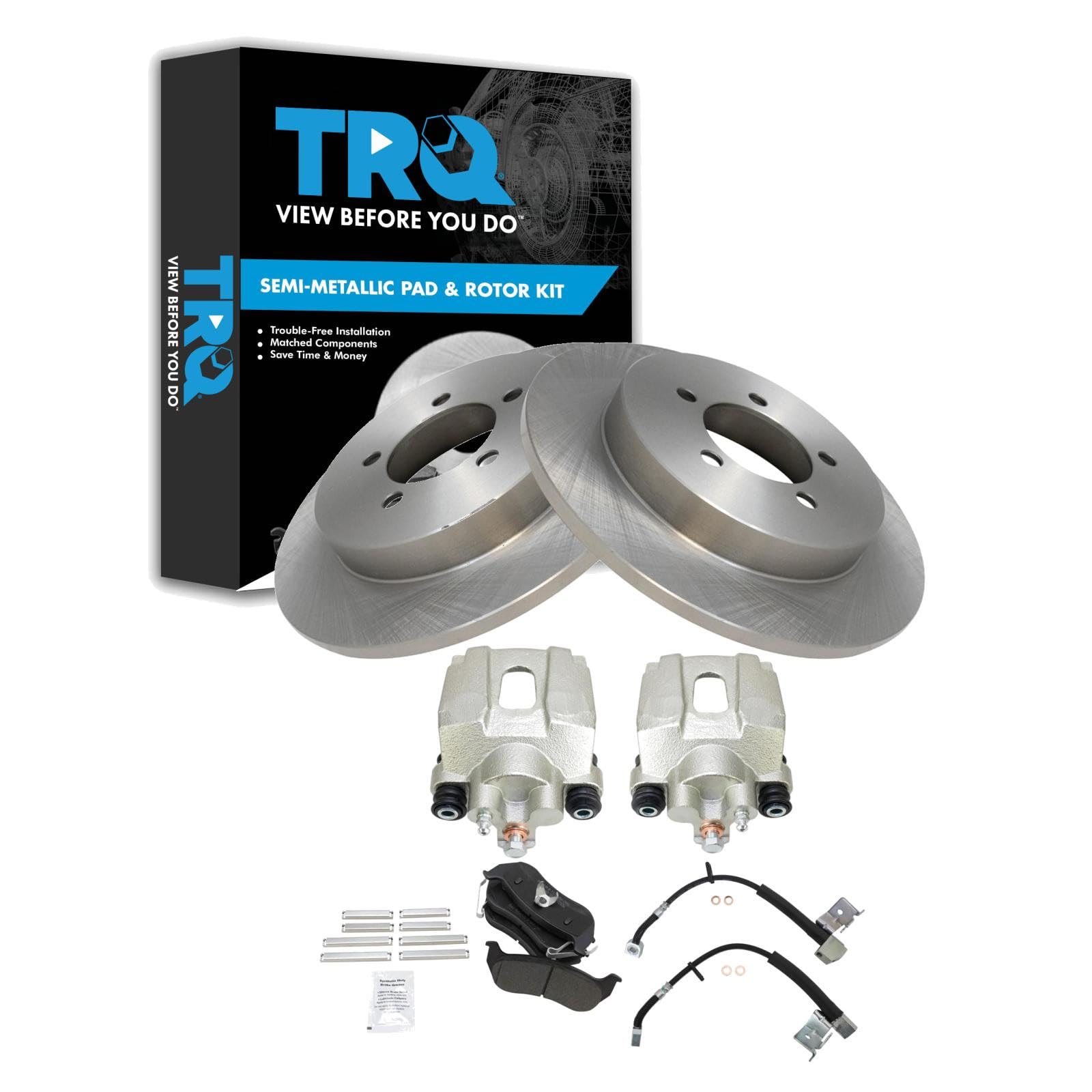 TRQ Rear Brake Pad and Rotor Set Semi Metallic Rotors Calipers Compatible with 2006-2010 Ford Explorer Mercury Mountaineer 2007-2010 Explorer Sport Trac