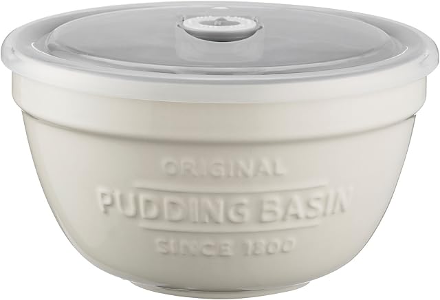 Mason Cash Innovative Kitchen Stoneware Pudding Basin with Airtight Lid and Use-By Date Tracker, 0.9 Litre, White / Grey