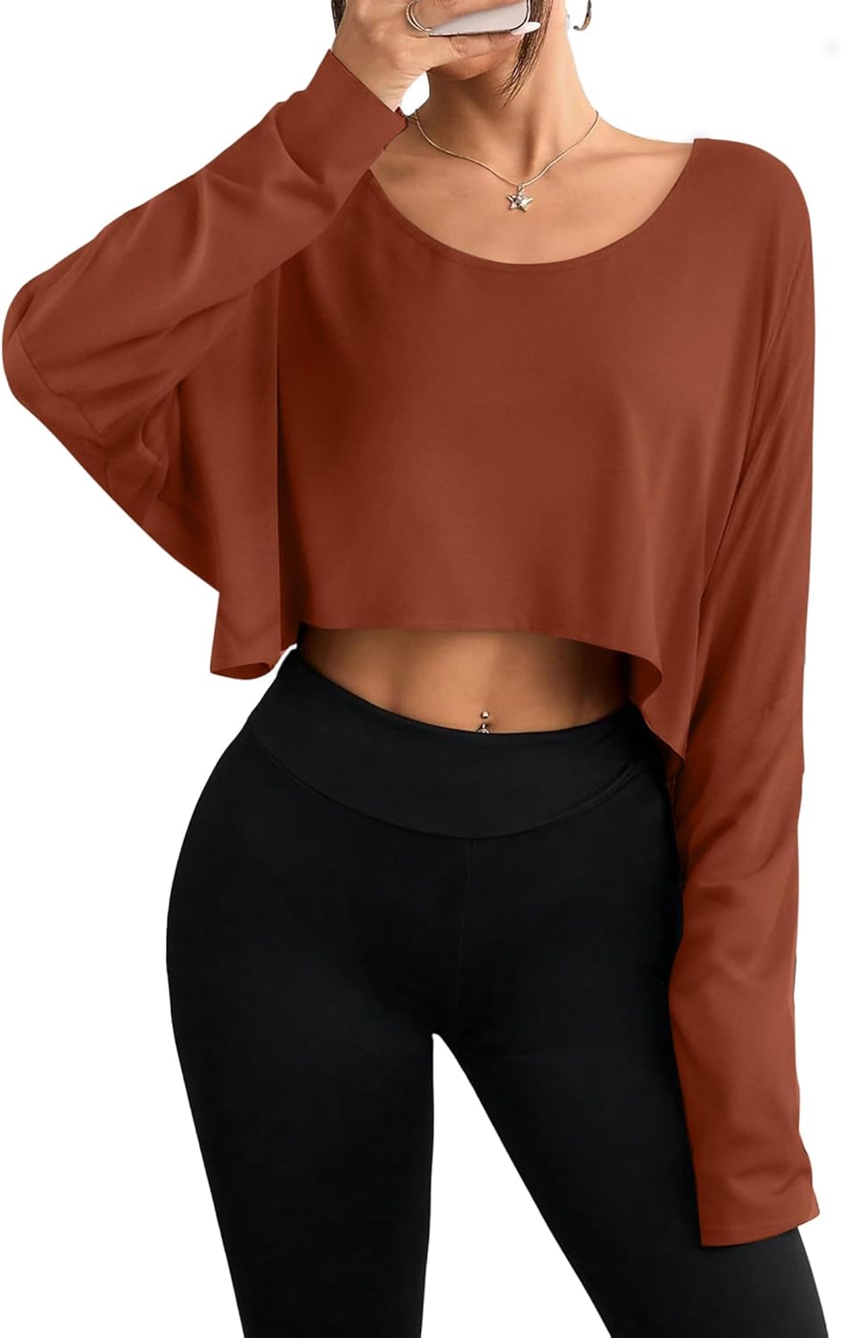 Remidoo Womens Batwing Long Sleeve Crop Top Crewneck Oversized Tshirt Casual Loose Shirt - Image 6