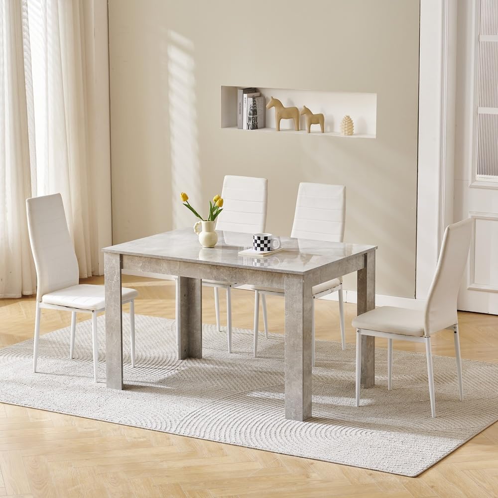 Menaka Rectangular Wood Dining Table and Chairs Set of 4 for Small Space, 5 pieces Kitchen Table with 4 Chairs Set Space-saving (line white leather chairs, 120m grey marble table, 4 chairs)