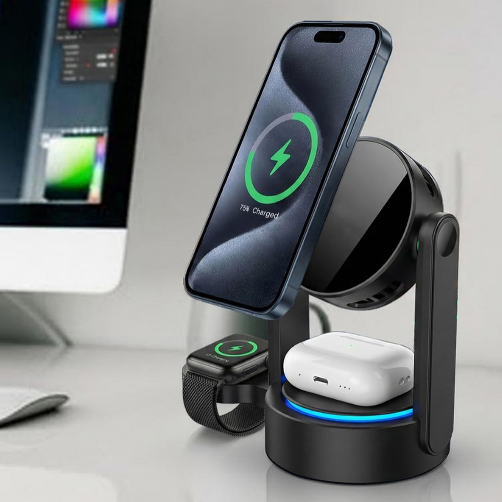 3 in 1 Desktop Charging Pad Stand per Telefono Orologio Auricolari Ricarica Rapida con Indicatori LED Desktop Pad