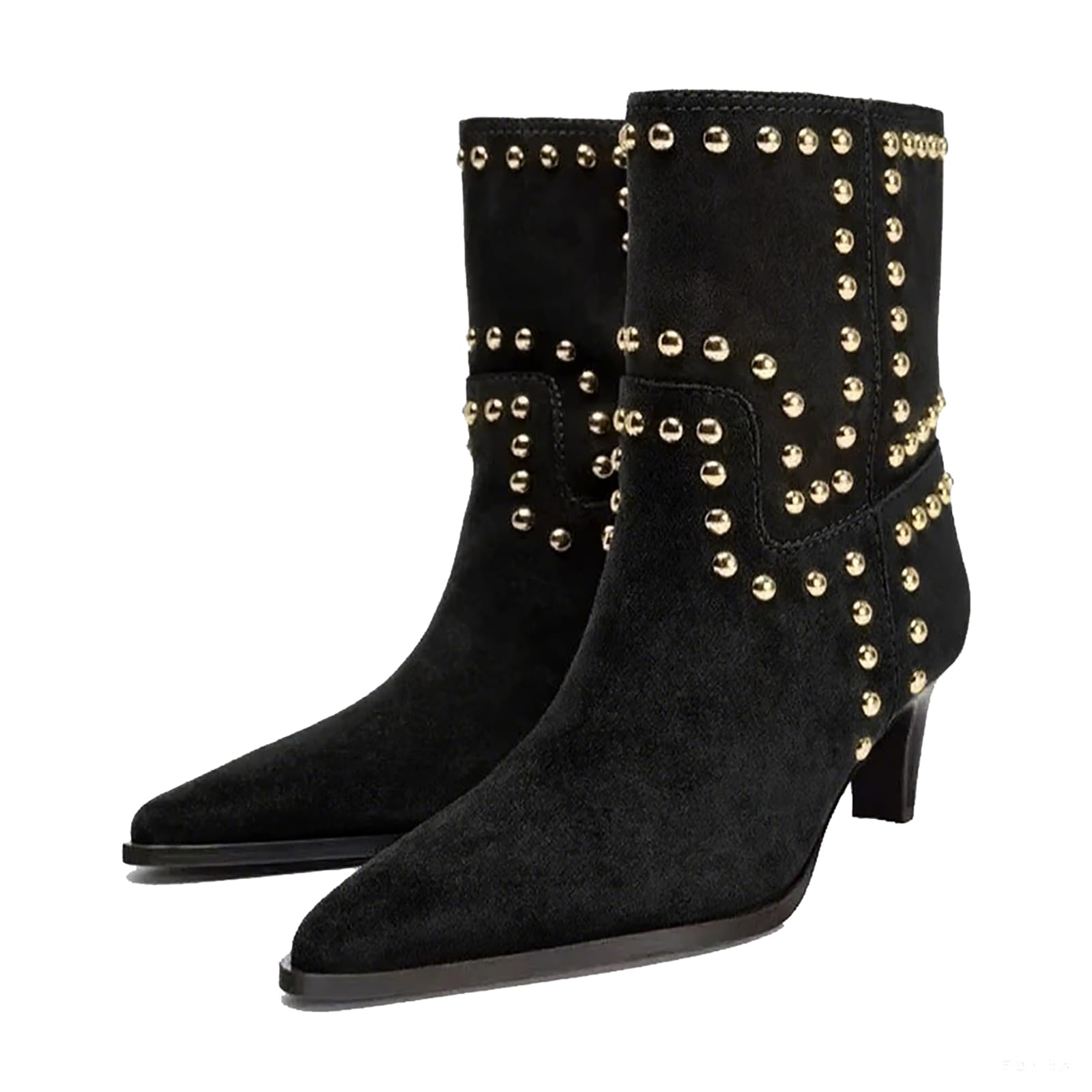 Suede Kitten Heel Ankle Boots for Women Fashion Rivets Pointed Toe Pull On Comfortable Low Heel Booties Vintage