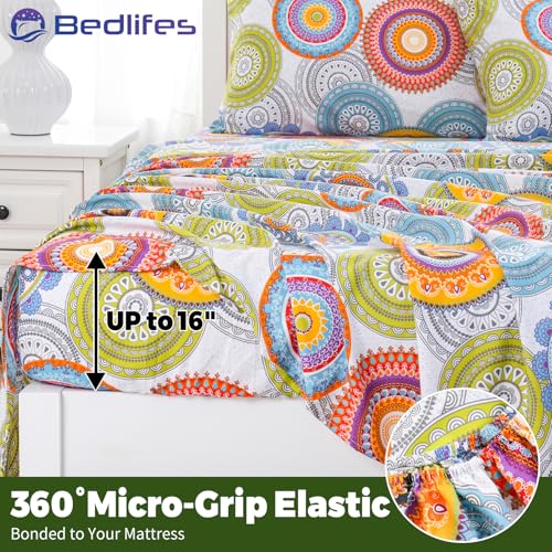 Image of Bedlifes King Floral 4-Piece Sheet Set - Cooling Sheets Blend Rayon Derived from Bamboo,Soft & Breathable, Deep Pocket 16 inch, Wrinkle Resistant - Mandala Patterned