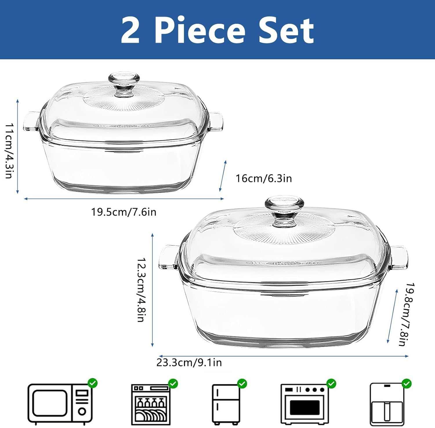 Confezione da 2 casseruole in vetro con coperchio, pirofila quadrata con manico in vetro borosilicato per forno, cucina, casa, feste, cucina, lavabile in lavastoviglie (0,8 L + 1,5 L)