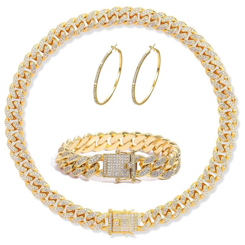 Xiaoliny Parure Bijoux Femme Ensemble 3 Pièces Collier Cubaine Épais Bracelet et Boucles d'Oreilles Créoles avec Strass Or/Argent Acier Inoxydable Hip Hop...
