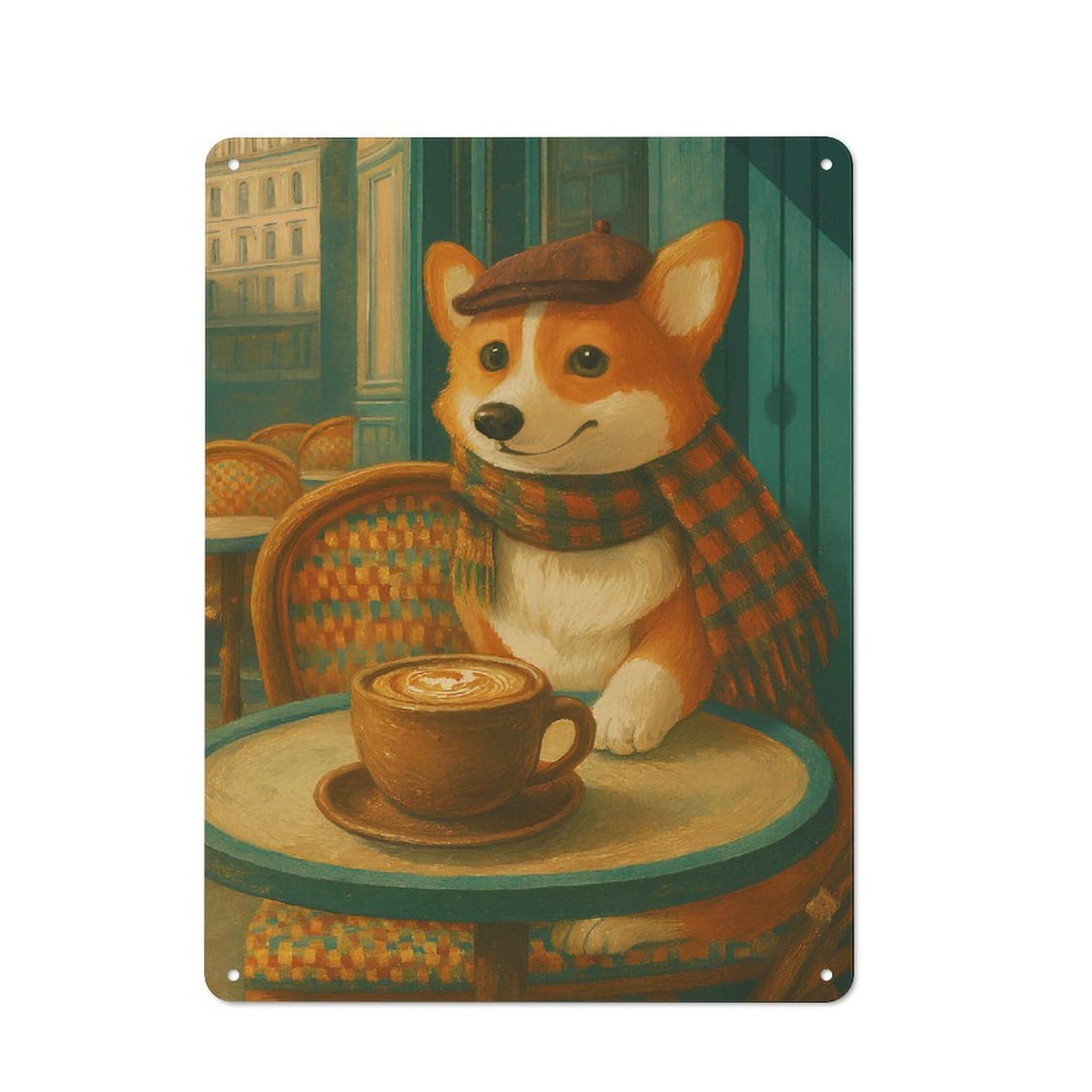 Junmoney Style Corgi At Parisian Cafe With Coffee Metal Wall Art Sign 40X30cm, Retro Vintage Wall Decor For Kitchen, Hallway, Bar Or Small Cafe