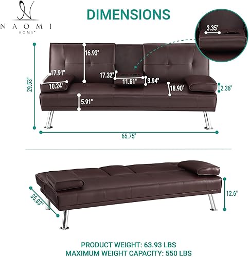 Miniatura 3 de Naomi Home Sofá cama futón con reposabrazos, sofá cama convertible para sala de estar, máxima comodidad y flexibilidad, sofá futón de piel sintética