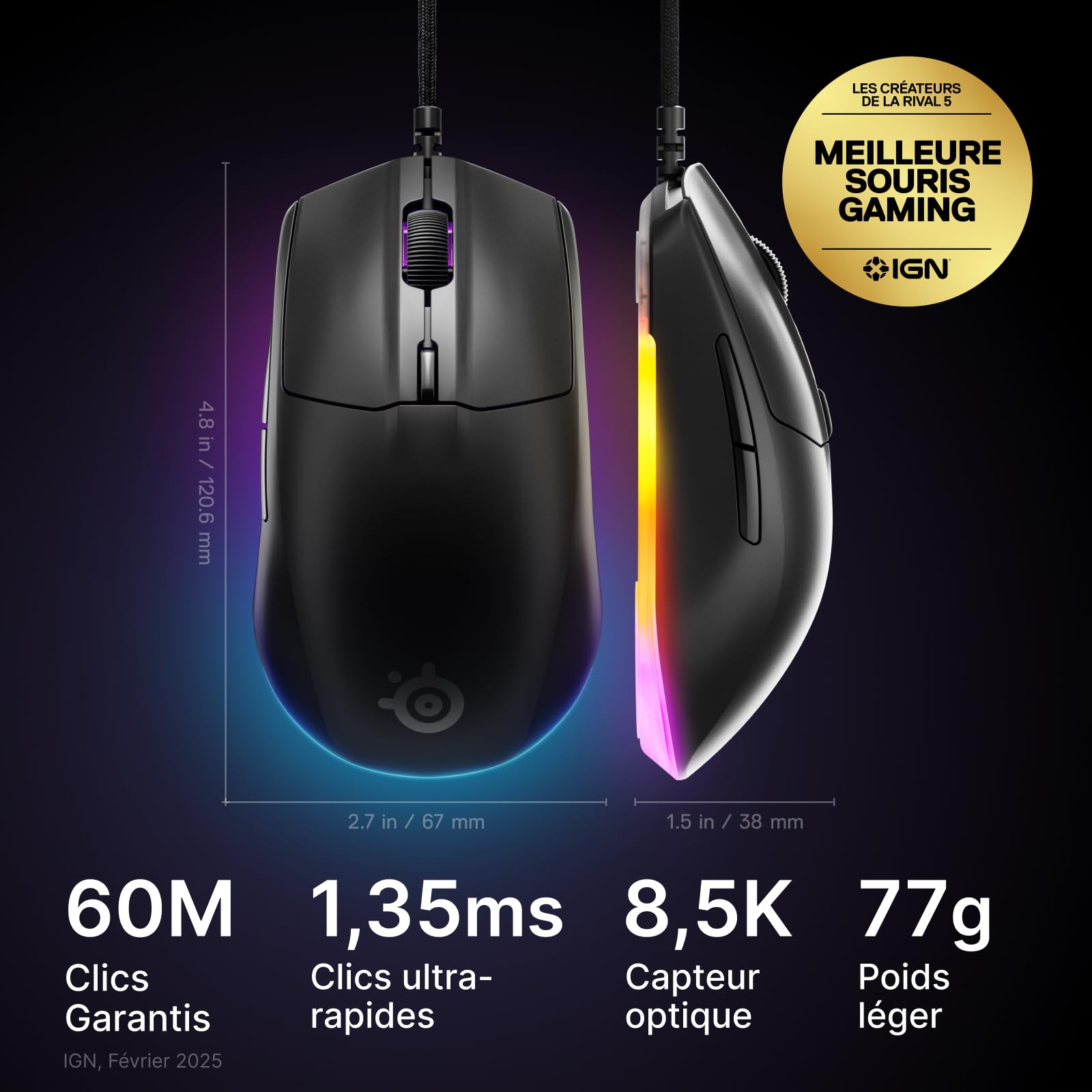 SteelSeries Rival 3 Gen 2 - Souris Gaming 8500 DPI - Capteur Optique TrueMove Core - Durabilité 60 Millions de clics - Faible Latence - Poids léger 77 g - Patins 100% PTFE - RGB - Noir