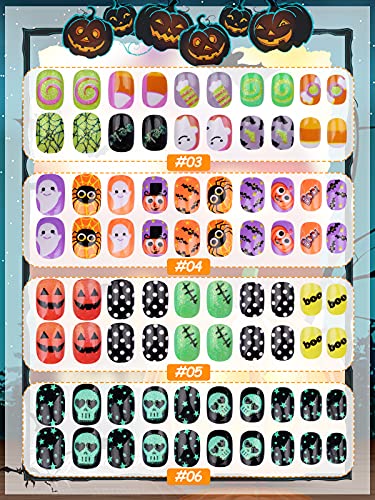 128 Stücke Halloween Künstliche Nägel Kinder falsche Fingernägel, EBANKU Kinder Kunstnägel Press on Nails, Totenkopf… – Bild 4