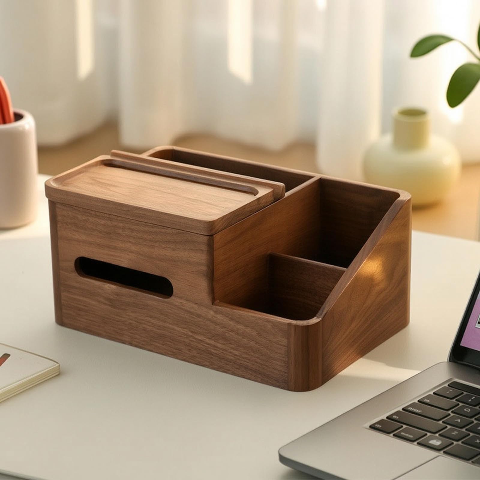 Baoblaze Porta Fazzoletti da Scrivania Scatola Porta Tovaglioli Distributore Organizer in Legno Multifunzionale E Supporto Telefono in Adatto per Scrivania, Noce, Legno Naturale, Scuro