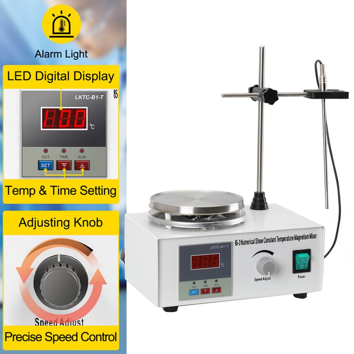 Labor Magnetrührer mit Heizplatte 0-2000RPM Magnetic Stirrer Mixer | 220V Digital Magnetrührer Magnetmischer, LED Temperaturanzeige, 200W Heizung 25W Motor Rührwerk, für Labor/Home Küchenrührer