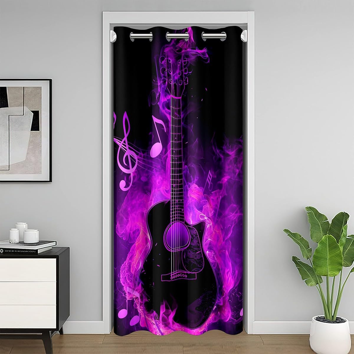Guitar Door Curtain,Rock Music Theme Guitar Musical Notes Decorative Doorway Curtain for Closet Door,Neon Purple Glowing Modern Artistic Blackout Door Drape for Bedroom Privacy,80"×34"