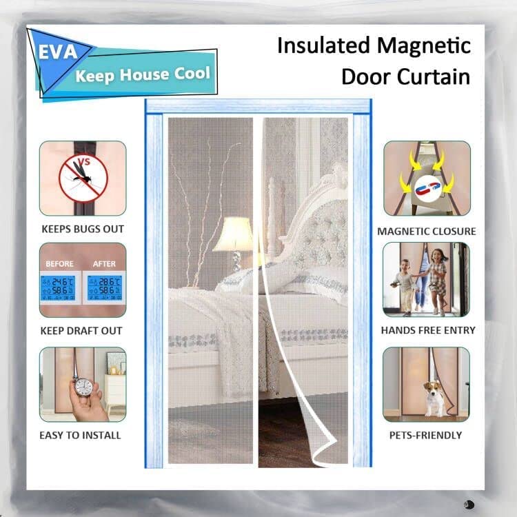 Insulated Door Curtain, [Upgrade EVA] Magnetic Thermal Insulated Door Cover to Keep Temperature for Room/ Kitchen, Keep Draft Air Out, Self Sealing, Hands Free, Pet/Kids Friendly - 38"x82"