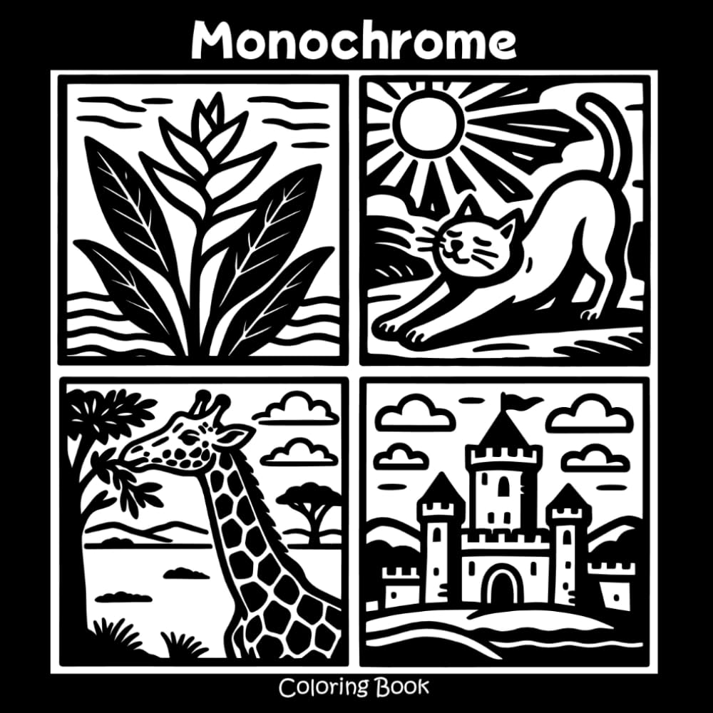 Monochrome Coloring Book: Mindful and Relaxing for Adults Enjoy the Wonders of the World with Illustrations like Landscapes Plants and Animals