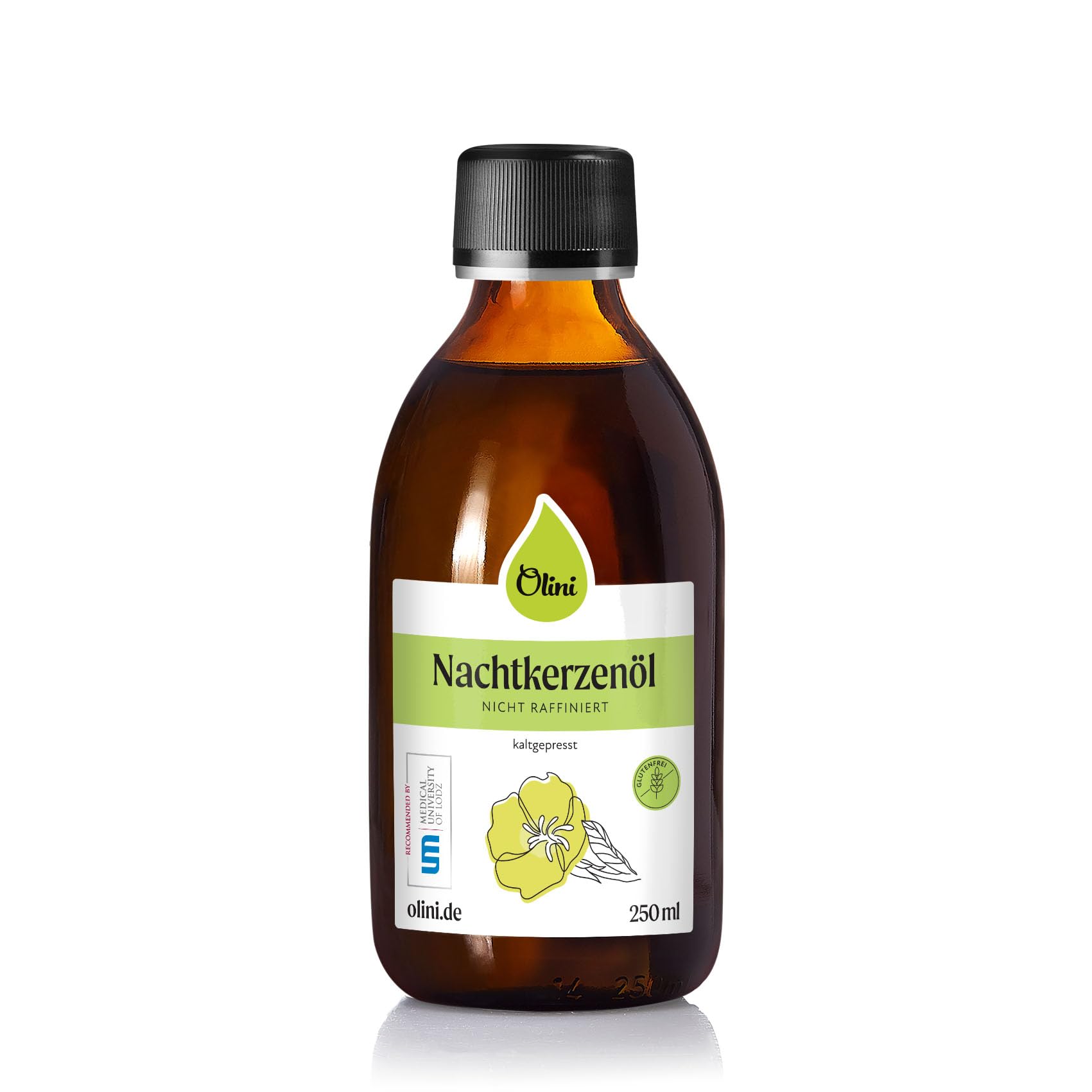 OLINI Nachtkerzenöl 250 ml Direkt aus der Ölmühle, Glasflasche, Kaltgepresst, Unraffiniert, Unbehandelt, Reich an Omega-6, Omega-3, Vitamin E, Gamma-Linolensäure GLA, Veganerfreundlich