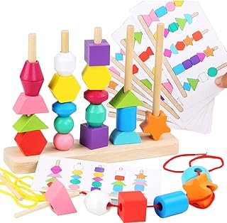 Montessori Toys Bead Sequencing Set, Wooden Stacking Blocks & Lacing Beads & Matching Shapes Colors Stacking Toy, Boy Girl Kids Gifts Learning Toys for Toddlers 2 3 4 5 Year Old