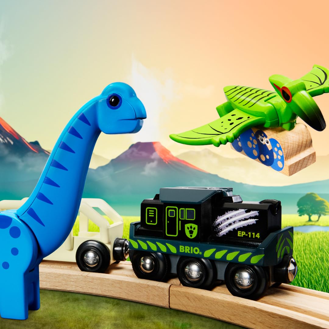 BRIO - Tren de Dinosaurios a Pilas, Tren Juguete eléctrico, Madera, Juguetes niños 3 años, Compatible con Otros Sets, Set de construcción 4 Piezas