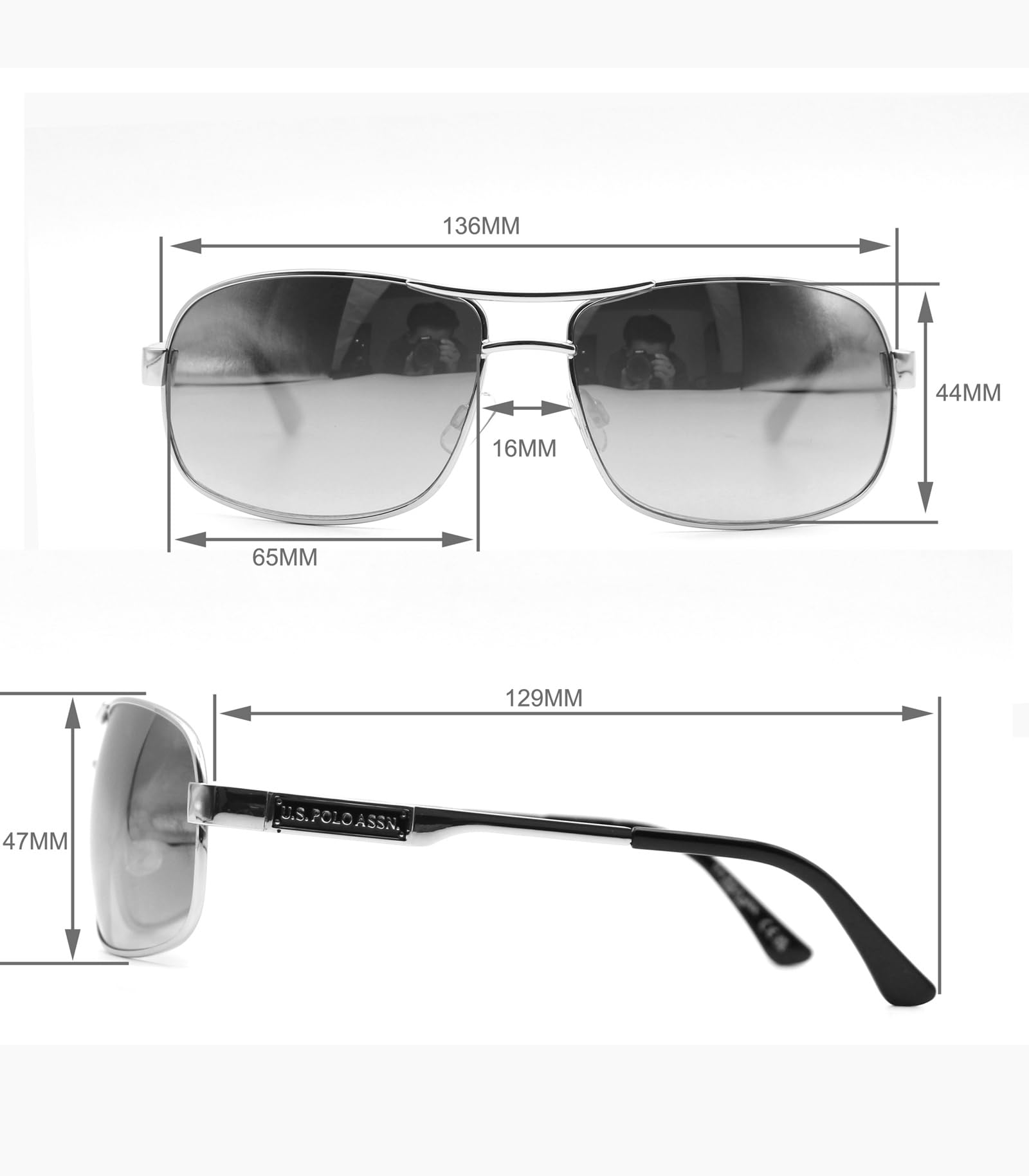 U.S. POLO ASSN. PA3015 - Gafas de sol polarizadas rectangulares de aviador con protección UV400, para hombre, con envoltura de metal, estilo aviador, Plata/Negro, Talla única