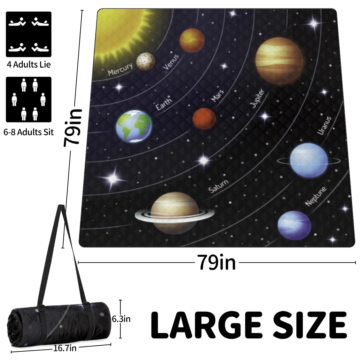 Shimoshe Extra Large Picnic Blankets 79”x 79”, Galactic Planets Waterproof Foldable Picnic Mat with Straps Portable Beach Blanket for Camping Park Grass Beach Indoor