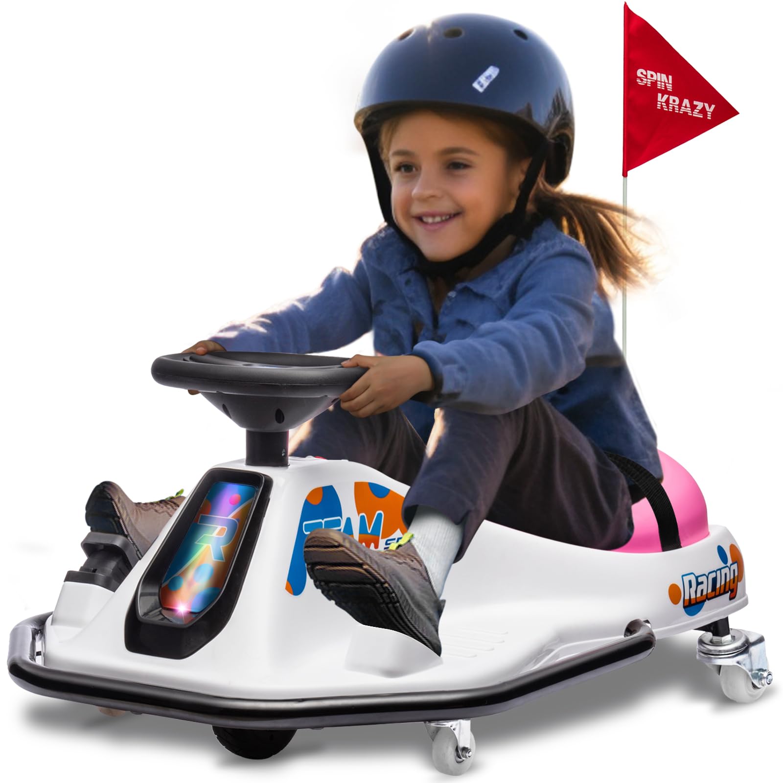 24V Electric Drifting Go Kart for Kids Ride on Electric Vehicles Car Age 3+ 80kg Load Capacity Crazy Drifting Carts in Situ Rotate 360°Gokart Metal Anti-Collision Frame(White Pink)