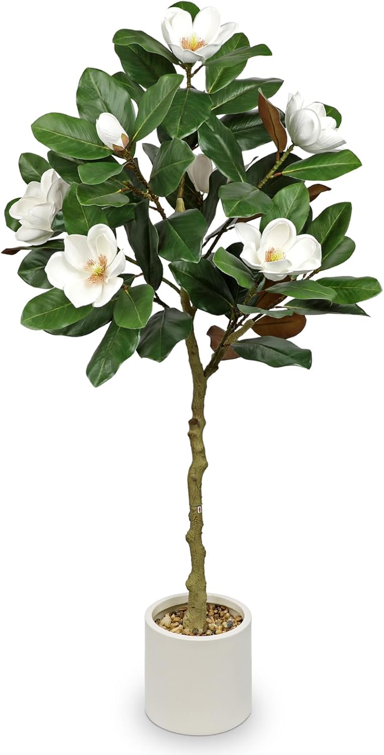 Briful 5FT Artificial Magnolia Flower Tree Faux White Magnolia Floral Tree with Cream Resin Pot Silk Flower Tree for Home & Office Living Room Décor
